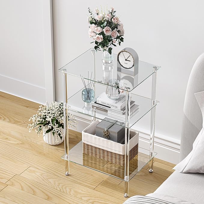 Tempered Glass Side Table, Acrylic End Table, 3-Tier Transparent Nightstand, Clear Coffee Table, for Small Spaces Living Room Bedroom Balcony Transparent LET519TR