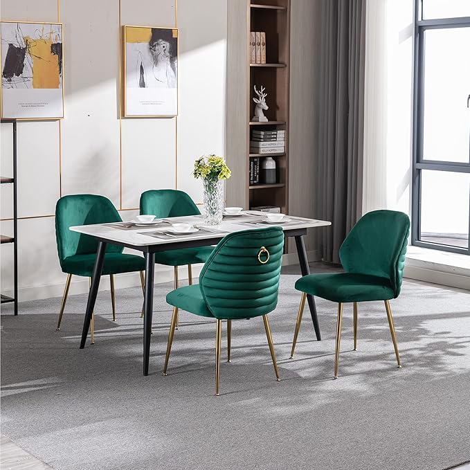 Modern Velvet Dining Chairs Set of 2, Woven Accent Kitchen Chairs with 4 Sturdy Golden Metal Legs, Luxurious Armless Side Chair with Ring for Indoor, Kitchen Island , Dining Room, Living Room (Green)