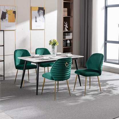 Modern Velvet Dining Chairs Set of 2, Woven Accent Kitchen Chairs with 4 Sturdy Golden Metal Legs, Luxurious Armless Side Chair with Ring for Indoor, Kitchen Island , Dining Room, Living Room (Green)