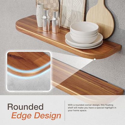 BATODA 24" Acacia Wood Floating Shelves Wall Mounted (Round Edge) – Rustic Farmhouse Wooden Wall Storage Shelf for Bedroom, Kitchen - Brackets and Shelving Hardware Included (Acacia,24 Inch Length)