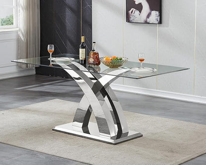 70" Glass Dining Table for 6-8, Modern Dining Room Table with 0.39" Tempered Glass Top and X-Shaped Silver Stainless Steel Base, Rectangle Kitchen Dinner Table