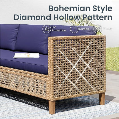 PHI VILLA Wicker Patio Furniture Set, Outdoor Sectional Couch with Cushions and Acacia Wood Coffee Table, U-Shaped Patio Conversation Set for Deck or Porch, 6 Seats, Navy Blue