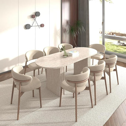 Extendable Dining Room Table for 4 6 8, 78.74" to 62.99" Beige Faux Travertine Marble Pattern Modern Farmhouse Wooden Kitchen Expanding Long Large Expandable Conference Table with Pedestal Base