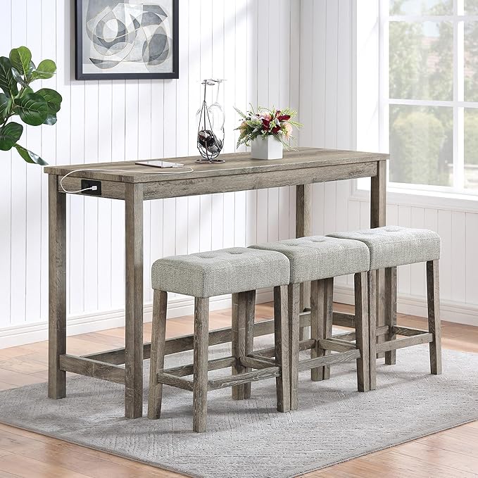 Ball & Cast 4 Piece Industrial Wooden Kitchen Island Table Chairs Sets w/Charging Station, 3pcs Upholstered Backless Counter Stools & 59" Bar-Table Built-in Electrical Outlets and 2 USB Ports,Brown