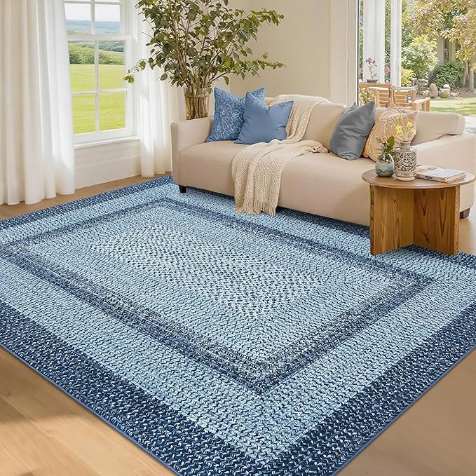 Washable Area Rug 6x9 Rug for Living Room Modern Area Rug for Bedroom Decor Blue Rug Geometric Area Rugs Bordered Non Slip Throw Rugs Stain Resistant Carpet for Nursery Dining Room 6'x9' Blue