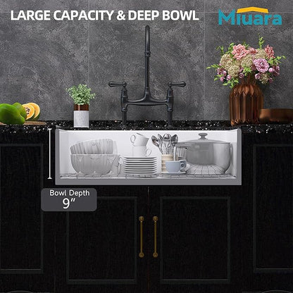 Miuara White Farmhouse Workstation Sink 31 Inch - Fireclay Apron Front Kitchen Sink Reversible 31"x18"x10", Farm House Style, Heavy Duty Deep Single Bowl, Undermount Installation, for Kitchen