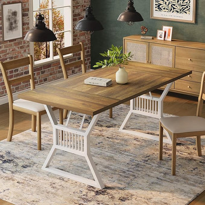 70.8 Inch Dining Table for 4-6 People, Farmhouse Wood Table with Metal Leg, Rectangle Kitchen Tables for Dining Room, Living Room, Conference Room, Breakroom, Walnut Color and White