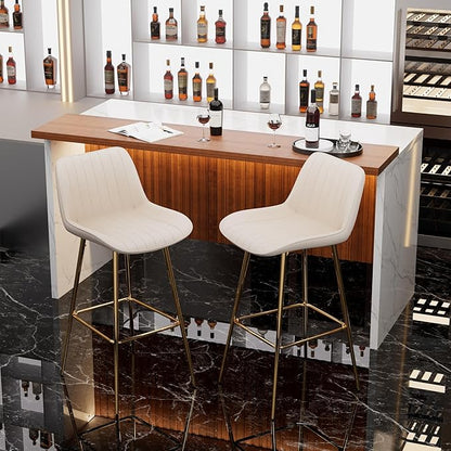 Modern Bar Table and Bar Stools Set, Marble-Look Counter Table with Wood Accent Top & Beige Velvet Bar Chairs Set of 2 with Gold Legs, Kitchen Island Pub Table Set for Home Bar, Dining Room