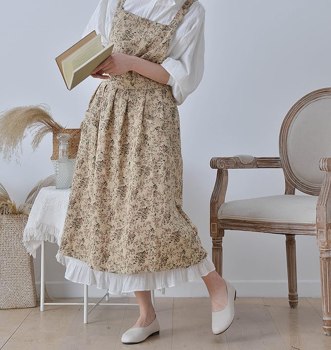 Japanese Cotton Linen Cross Back Apron with Pockets,Fashion Pinafore Dress for Gardening Painting Cleaning Cooking