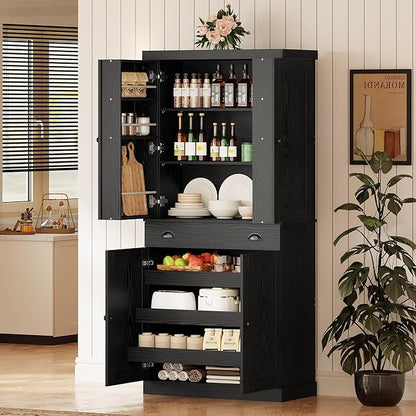 IRONCK Kitchen Pantry Cabinet 72" Height, Freestanding Cupboard with Drawer, Sliding Storage Rack, and 6 Hanging Shelves for Dining Room, Laundry, Living Room, Black