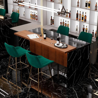 Modern Bar Table and Bar Stools Set, Marble-Look Counter Table with Wood Accent Top & Green Velvet Bar Chairs Set of 4 with Gold Legs, Kitchen Island Pub Table Set for Home Bar, Dining Room