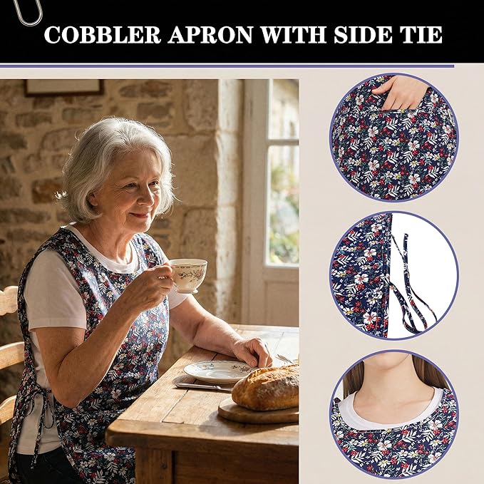 Nanxson Women Cobbler Apron with 2 Patch Pockets Cotton printed Smock with Side Ties for Work Chef kitchen CF3187