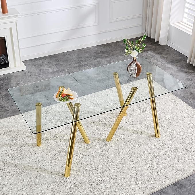 Rectangular Glass Dining Table 71 Inch Modern Rectangular Kitchen Table with Metal Legs Durable Stylish Dinner Table for Dining Room Kitchen
