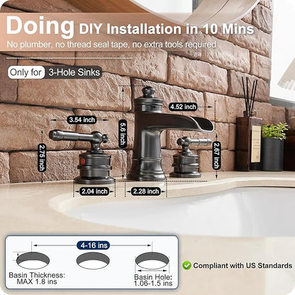 Oil Rubbed Bronze Bathroom Faucet, Brass Waterfall Faucet Widespread Bathroom Sink Faucet 3 Hole, 4-16 Inch Bathroom Faucets with Pop Up Drain 2 Handle & Supply Hose for Hotel Farmhouse Antique