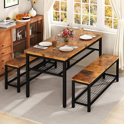 AWQM 43.3" Dining Table Set for 4, Kitchen Dining Table with 2 Benches, Dining Room Table Set with Metal Frame & Storage Rack for Kitchen, Restaurant, Rustic Brown