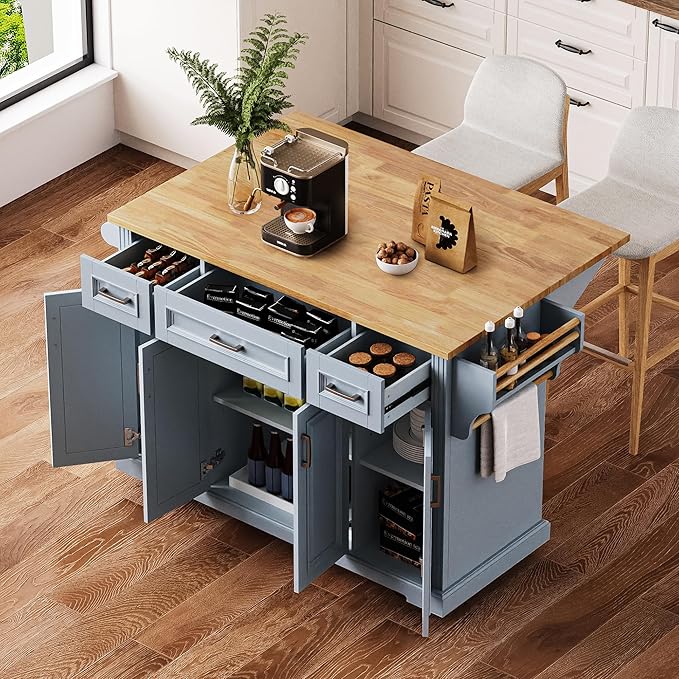 JIJIWANG 54" Large Kitchen Island with Drop Leaf and Storage, Embossed Texture Rolling Kitchen Cart on 4 Wheels with 4 Doors and 3 Drawers for Dining Room, Grey Blue
