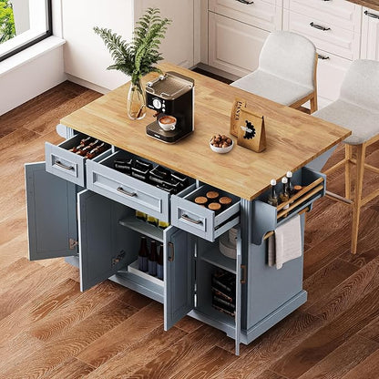 JIJIWANG 54" Large Kitchen Island with Drop Leaf and Storage, Embossed Texture Rolling Kitchen Cart on 4 Wheels with 4 Doors and 3 Drawers for Dining Room, Grey Blue
