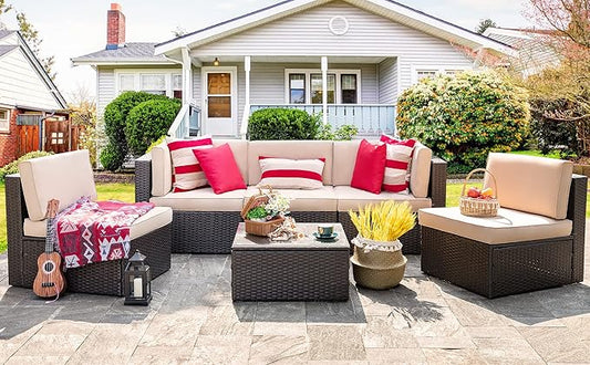 Vongrasig 6 Pieces Outdoor Patio Furniture Set, PE Wicker Rattan Sectional Sofa Small Patio Conversation Sets with Coffee Table for Garden, Backyard, Poolside (Beige)