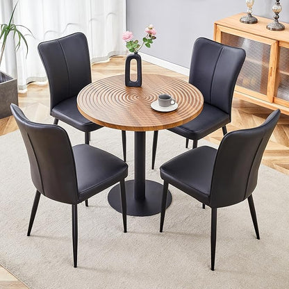 Round Dining Table Set for 4 People, 31.5 Inch Dark Wood Grain Table with Suction Molding Annular Texture and 4 Black PU Chairs with Vertical Stripe Design, for Kitchen and Dining Room
