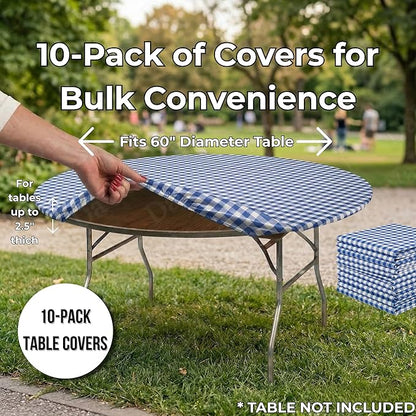 Kwik-Covers 10 Pack of Round Plastic Table Covers - 60" or 72" Round - Indoor or Outdoor Fitted Covers (Tables NOT Included) (Blue Gingham, 60" Round)