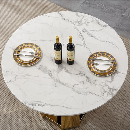 47" Round Marble Dining Table for 4-6, Luxury Modern Kitchen Table with Marble Grain MDF Tabletop & Gold Mirrored Stainless Steel Pedestal Base, Grey Stone Dinner Table for Dining Room (Table Only)