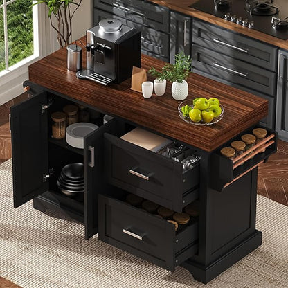 53.25" Large Kitchen Island with Storage on Wheels and 2 Extra-large Drawers, Rolling kitchen Island with Spice Rack and Towel Rack, Mobile Dining Table with 3.5" Thick Desktop and Cabinet Black