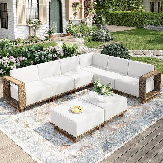 MIXPATIO 8 Pieces Outdoor Patio Furniture Set, Yellow Wicker Rattan Modular Sofa Couch, Sectional Patio Conversation Set with 10" Extra Thick Cushions, Low Profile Deck Backyard Lawn Furniture