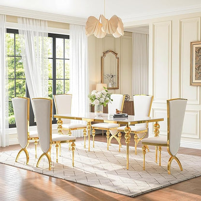 Glass Dining Table Set for 6, Luxurious 70 Inch Rectangular Glass Kitchen Table with 6 White High Back Leather Chairs, for Dining Room, Restaurant, Living Room (White Top)