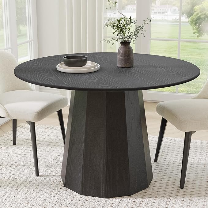 Casaphoria 46" Round Dining Table, Modern Wood Kitchen Table with Cone Shaped Strip Polygonal Base for Living Room & Dining Room, Easy Assembly Farmhouse Furniture for 4-6, Black