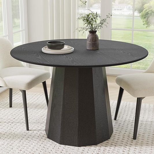 Casaphoria 46" Round Dining Table, Modern Wood Kitchen Table with Cone Shaped Strip Polygonal Base for Living Room & Dining Room, Easy Assembly Farmhouse Furniture for 4-6, Black