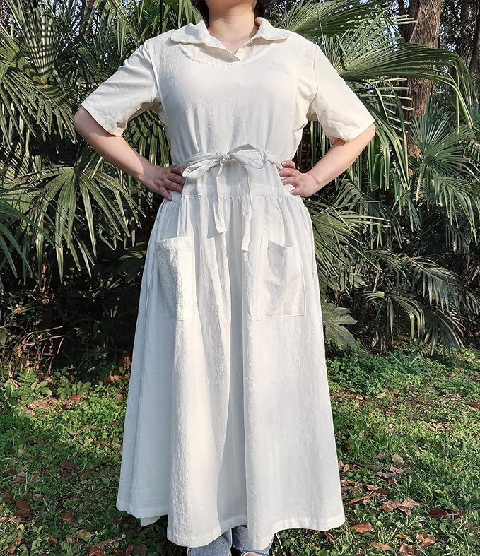Women Plus Size Cotton Linen Vintage Pleated Split Apron Pinafore Dress with Two Pockets