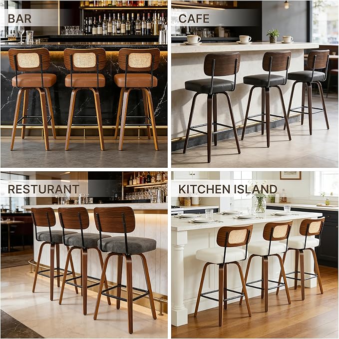 Swivel Bar Stools Set of 3, 26" Upholstered Counter Height Bar Stools with Rattan Back and Bent Walnut Wood Legs, Faux Leather Modern Barstools for Kitchen Island,Rattan Gray