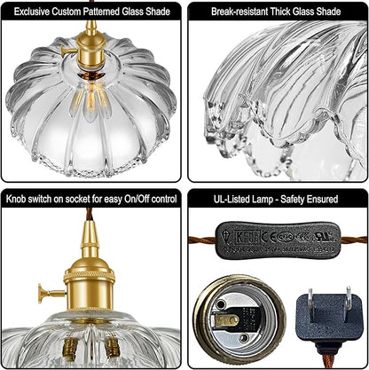 Plug-in Pendant Light Fixture, Hanging Light Fixture, Glass Pendant Light, Swag Lamp with Inline On/Off Switch for Kitchen Island, Bedroom, Dining Room, Living Room (Clear Lotus, Plug-in)