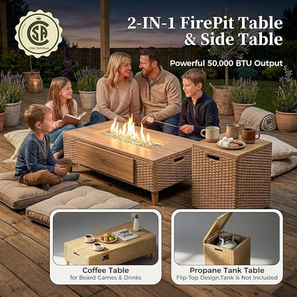 MIXPATIO Patio Sectional Furniture with Fire Pit, 4 Pieces Outdoor Wicker Sofa Set, Yellow Rattan Modular Conversation Sets with 10" Thick Cushions, L Shape Low Profile Lawn Deck Garden Furniture