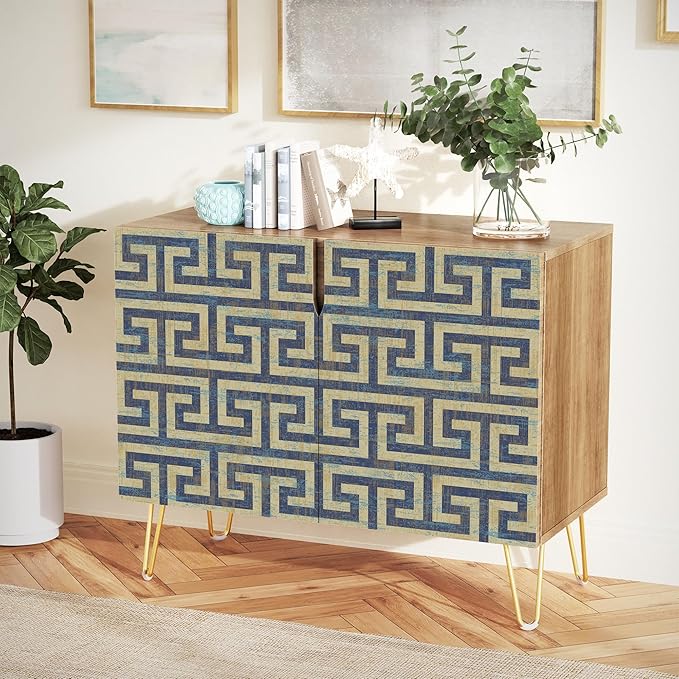 SIGNWIN Sideboard Buffet Cabinet, Kitchen Storage Cabinet with 2 Doors, Geometric Duotone Blue Line Patterns, Cupboard Console Table for Dining Room - 35" L x 18" W x 29" H