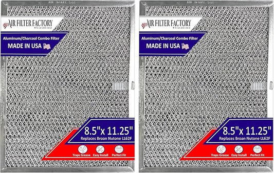 Air Filter Factory LL62F, LL6200, MM 6500 Compatible For Broan Nutone Aluminum Grease Mesh Charcoal Carbon Combo Range Hood Filter (Pack of 2)