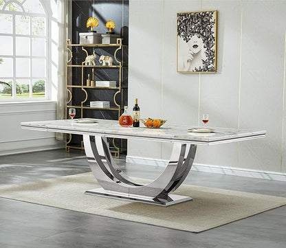 94 Inch White Marble Dining Table for 6-10 People, Modern Extra Long Rectangular Kitchen Table w/Faux Marble Top & Gorgeous Mirrored Stainless Steel Base, Large Rectangular Silver Dining Room Table
