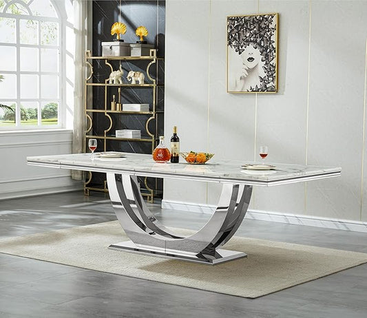94 Inch White Marble Dining Table for 6-10 People, Modern Extra Long Rectangular Kitchen Table w/Faux Marble Top & Gorgeous Mirrored Stainless Steel Base, Large Rectangular Silver Dining Room Table
