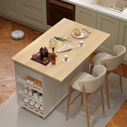 GarveeHome Rolling Kitchen Island with Drop Leaf Countertop, Charging Station & Ample Storage - 47.2 in Mobile Kitchen Cart On Wheels with Pull-Out Shelves, Drawers, Spice Rack & Organizer Divider