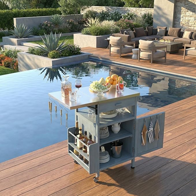 Casaphoria 40.5" Outdoor BBQ Grill Cart, Stainless Steel Top Rolling Outdoor Kitchen Cart Flip Board, Fir Wood Bar Carts with Towel Holder, Lockable Wheels for Patio Lawn Garden,Blue