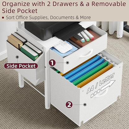 HIGDBFE 2-Drawer File Cabinet, Filing Cabinet with 2-Tier Printer Shelves, Office Cabinets with Side Bag&File Drawer for A4/Letter Size, Printer Stand with Storage for Home Office, White, 16.5" W
