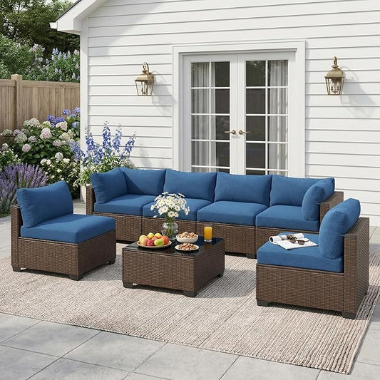 Patio Furniture Set, 7-Piece Outdoor Sectional Couch with Coffee Table & Thick Cushions, Outdoor Wicker Conversation Set for Backyard, Poolside, Garden (Brown-Navy, 7 Piece-Single)
