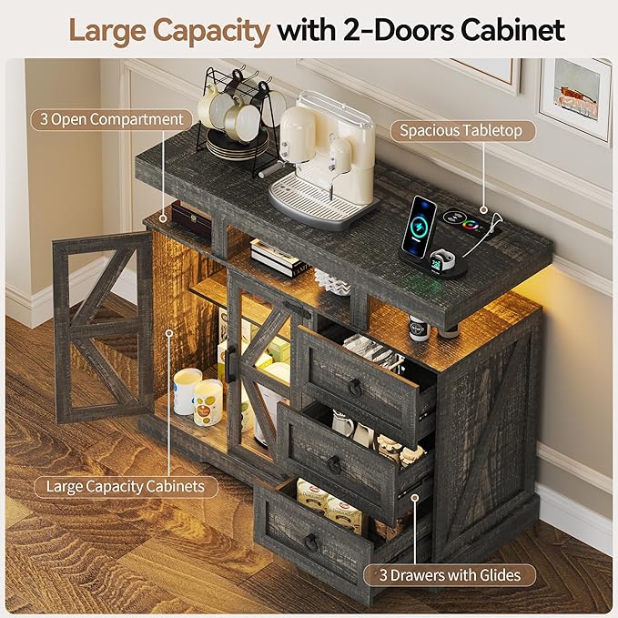 HNEBC LED Farmhouse Sideboard Buffet Cabinet with Storage, Wood Coffee Bar Station Table w/Charging Station, Large Kitchen Storage Cabinet w/Adjustable Shelf and 3 Drawers (Dark Rustic Oak)