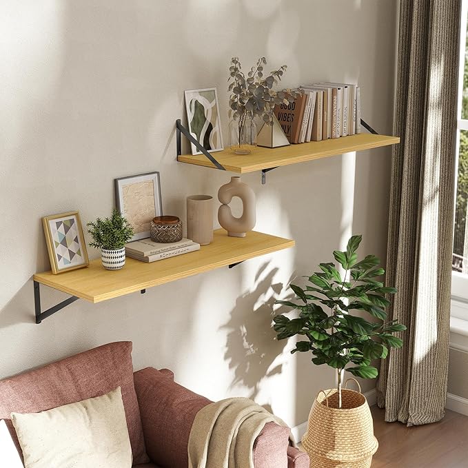 Acovy Deep Floating Shelves Wall Mounted, 36"x12" Oak Wall Shelves with Brackets Set of 2 for Bedroom, Living Room, Bathroom, Kitchen, Office - Storage & Display Shelf for Decor, Books, Plants