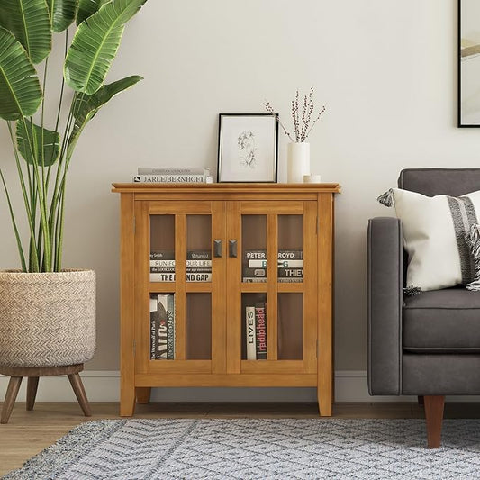 SIMPLIHOME Artisan Storage Cabinet - 30 inch Wide Solid Wood Low Storage Cabinet in Honey Brown, Contemporary Accent Cabinet for Living Room or Dining Room with Glass Doors and Adjustable Shelves