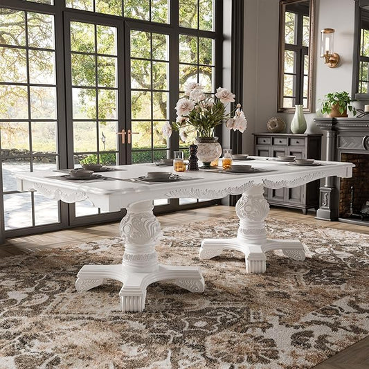 Furniture of America Adair Traditional Solid Wood 95-inch Expandable Dining Table with Double Pedestal and Carved Details, Seats up to 8, for Home, Kitchen, Living Room, White