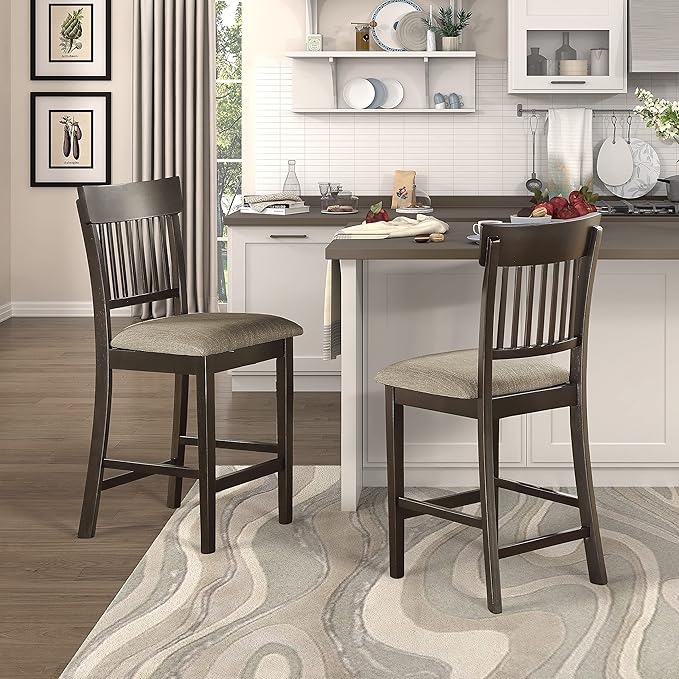 Lexicon Counter Height Stools Set of 2 - Attis Kitchen Counter Stools Set of 2, Upholstered Padded 25.5" Seat Height, Sturdy Solid Wood, Farmhouse Kitchen Chairs, Slat Back, Easy Assembly, Dark Brown