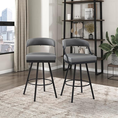 Lexicon Swivel Bar Stools Set of 2 - Bar Height Stools for Kitchen Island, Padded Seat, Open Back, Sturdy Black Metal Frame Finish and Grey Faux Leather Cushion Seat, Grey