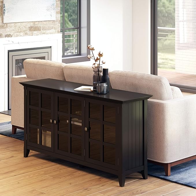 SIMPLIHOME Acadian Storage Cabinet - 62 inch Wide Solid Wood 3-Shelf Sideboard in Black, Transitional Buffet for Living Room, Entryway, or Dining Room with Adjustable Shelves and Glass Doors