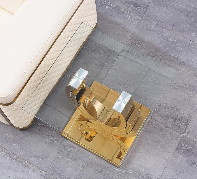 HomVent 22.83" Glass End Table, Living Room Tables, Modern Gold Tempered Glass Top Side Tables Bedroom, Square Small Bed Bedside Eating Table Nightstand for Home Office with Stainless Steel Base